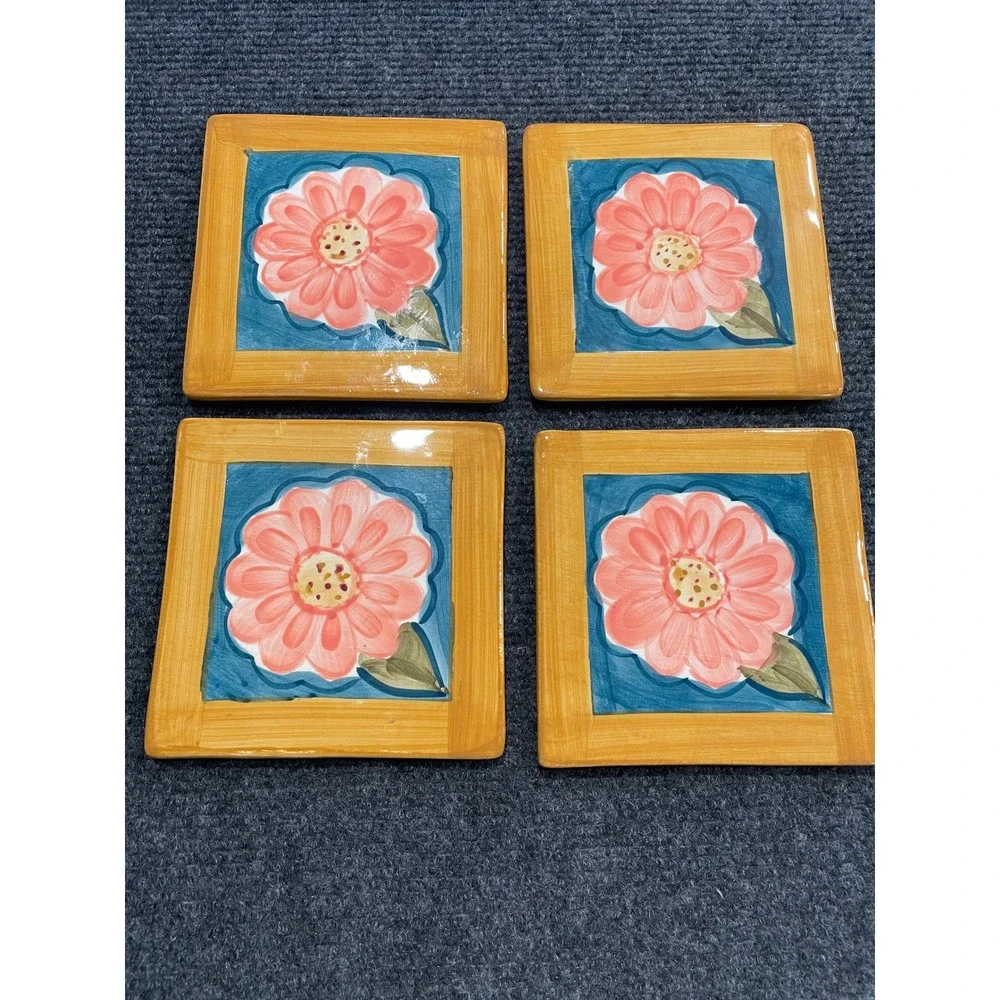 Certified International CIC Ceramic Floral Coasters Set of 4 Zinnia Pink Teal